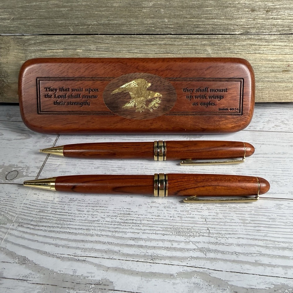 Handcrafted Wood Ballpoint Pen & Pencil Set Eagle Isaiah 40:31 Scripture Gift